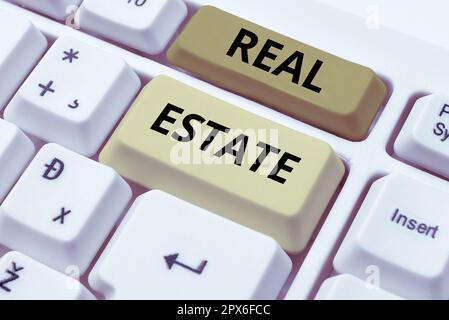 Sign displaying Real Estate, Internet Concept the property consisting of land and the buildings on it Stock Photo