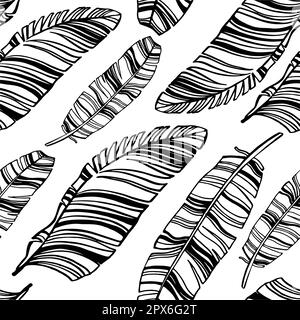 bananas leaves line art seamless pattern, hand draw sketch, vector illustration. For cover, fabric, textil Stock Photo