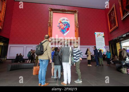 London, England, UK. 1st May, 2023. Giant digital portrait of King Charles II that features hundreds of thousands of individual portraits of the king drawn by people across the UK is seen displayed in Outternet in central London. (Credit Image: © Tayfun Salci/ZUMA Press Wire) EDITORIAL USAGE ONLY! Not for Commercial USAGE! Stock Photo