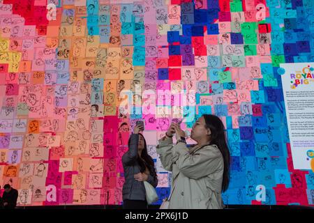 London, England, UK. 1st May, 2023. Giant digital portrait of King Charles II that features hundreds of thousands of individual portraits of the king drawn by people across the UK is seen displayed in Outternet in central London. (Credit Image: © Tayfun Salci/ZUMA Press Wire) EDITORIAL USAGE ONLY! Not for Commercial USAGE! Stock Photo