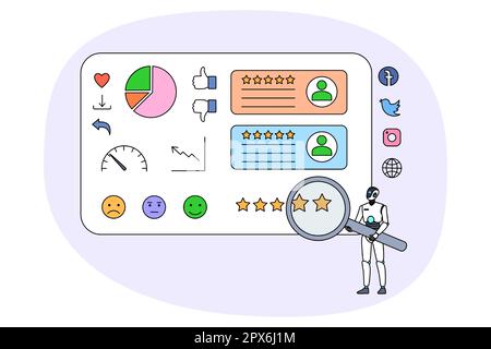 Robot with magnifying glass work for social media optimization. AI humanoid or digital assistant with magnifier rate and give feedback. Search engine, SEO. Vector illustration. Stock Vector
