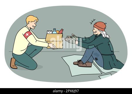 Caring male volunteer give box with food to unhappy poor person outdoors. Kind man activist share products and supplies with homeless needy people on streets. Charity concept. Vector illustration. Stock Vector