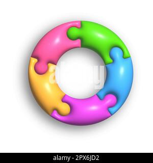 The circle consists of 5 puzzle pieces. 3d illustration for creative ideas and creative design. Volumetric style, rendering Stock Vector