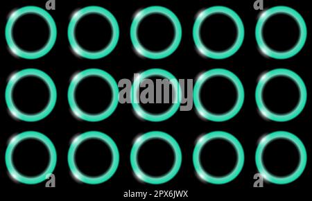A pattern of blue neon light abstract shiny bright beautiful rings, balls, circles with glare of light on a white background. Vector seamless illustra Stock Vector