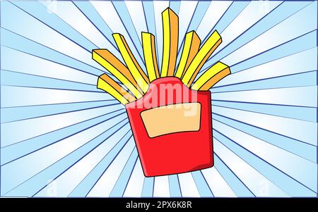 Tasty nourishing fast french fries on a background of abstract blue rays. Vector illustration. Stock Vector