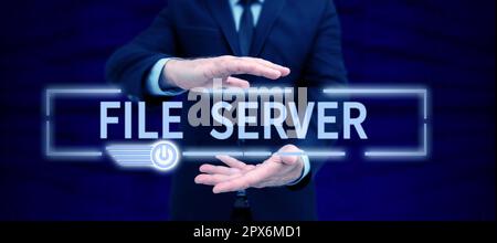 Sign displaying File Server, Business overview device which controls access to separately stored data Stock Photo