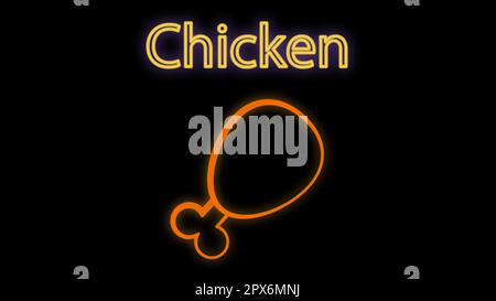 chicken legs on a black background, vector illustration. neon sign. neon orange. glowing box with the inscription chicken. breaded chicken legs, fast Stock Vector