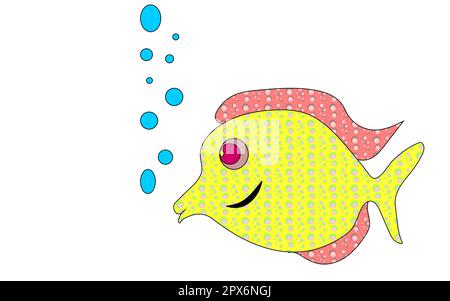Yellow colored in colorful circles, goggle-eyed fish lets air bubbles. Variegated, bright yellow-pink broad angelfish with elongated lips. Vector illu Stock Vector