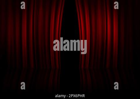 3D Rendering Red curtain on theater or cinema stage slightly open Stock Photo