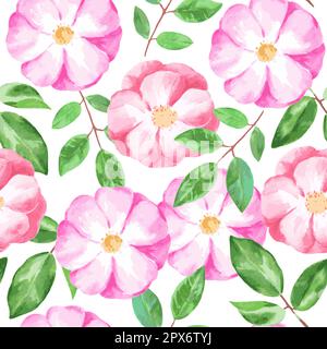Watercolor seamless pattern with pink and purple rose hip flowers. Gentle pastel print for fabric and wedding design. Vector illustration Stock Vector