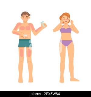Man applying sunburn cream. Upset sad woman with sunburn on his face. Vector cartoon characters isolated on white background. Stock Vector