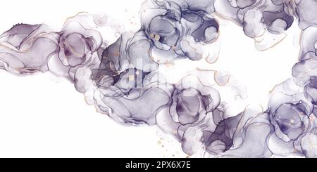 Dynamic alcohol ink art abstract background with space for text, luxury purple wave banner, marble, gold, delicate Stock Photo