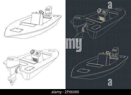 Stylized vector illustration of isometric blueprints of motorboat Stock Vector