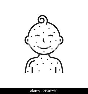 Sick child with body in dots having chicken pox outline icon. Vector skin disease, itching rashes on skin of young boy or girl. Measles treatment Stock Vector