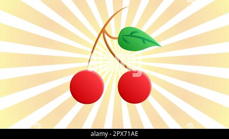 vector illustration. red small cherry on a bright retro background of white-orange color. two cherries on a brown twig. illustration with food. berrie Stock Vector