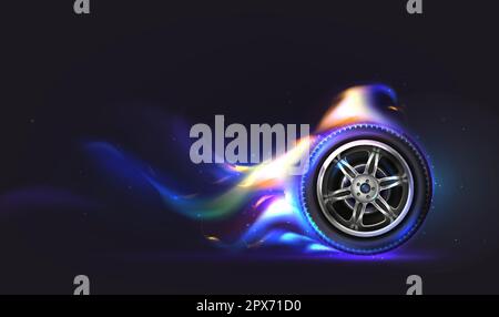 Vector 3d realistic rubber car wheel on fire in fast motion on road. Black tire in blue flames and sparks isolated on dark background. Burning automobile tyre in front view. Racing game or auto shop. Stock Vector