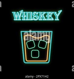 A simple abstract neon bright glowing blue flashing icon, a signboard for a bar of whiskey with ice in a glass and the inscription of whiskey and copy Stock Vector
