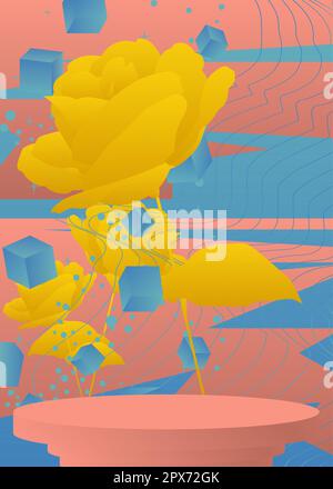 Abstract light red, blue and yellow product display with flower. Mockup stage showcase, cylinder pedestal podium for presentation. Stock Vector