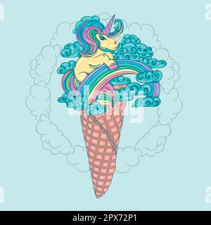 Unicorn in the clouds on the rainbow in the waffle cone. Fun mood. Fairy tale illustration. Stock Vector