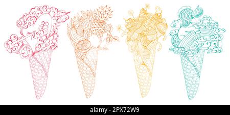 Waffles set. Cupcakes and lollipops, Unicorn in the clouds, heart with an arrow and fruit cocktail in a waffle cones. Stock Vector