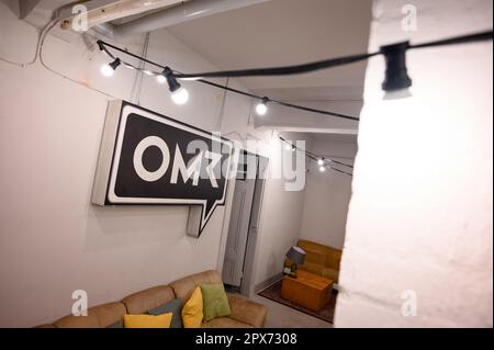Hamburg, Germany. 17th Apr, 2023. The OMR logo is in the furnished basement of the company's headquarters. When the team from Hamburg-based media and digital company OMR calls, many decision-makers from global companies and celebrities don't ask twice. The OMR festival also brings so many people to the city that overnight accommodations become scarce. Credit: Jonas Walzberg/dpa/Alamy Live News Stock Photo