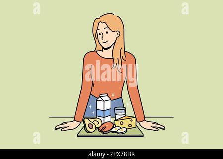 Smiling woman show organic products recommend healthy lifestyle. Happy female nutritionist or dietician with dairy and natural meal. Diet and healthca Stock Photo