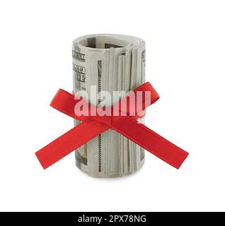 Roll of dollar banknotes with red ribbon on white background Stock Photo