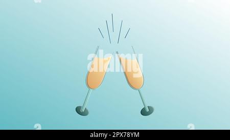 Beautiful festive love joyful winking glasses of champagne for a greeting card to the day of all lovers, Valentine's Day on a blue background. Stock Vector