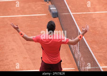 Madrid, Spain. 01st May, 2023. Bernabe Zapata Miralles of Spain is competing against Roman Safiulin of Russia on Day Eight of the Mutua Madrid Open at La Caja Magica in Madrid, Spain on May 1st, 2023. (Photo by Oscar Gonzalez/NurPhoto) Credit: NurPhoto SRL/Alamy Live News Stock Photo