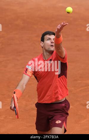 Madrid, Spain. 01st May, 2023. Bernabe Zapata Miralles of Spain is competing against Roman Safiulin of Russia on Day Eight of the Mutua Madrid Open at La Caja Magica in Madrid, Spain on May 1st, 2023. (Photo by Oscar Gonzalez/NurPhoto) Credit: NurPhoto SRL/Alamy Live News Stock Photo