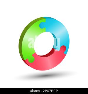 The circle consists of 3 puzzle pieces. 3d illustration for creative ideas and creative design. Volumetric style Stock Vector