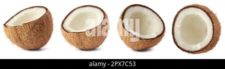 set of coconut in different angles, versatile and widely used tropical fruit with culinary, medicinal and industrial use isolated on white background, Stock Photo