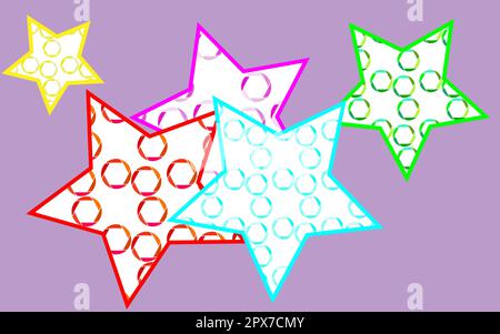 5 multicolored, bright, motley, beautiful stars painted in a pouring from multi-colored, abstract camera diaphragms on a purple background. Vector ill Stock Vector