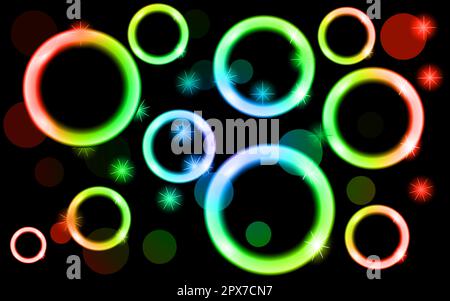 Abstract, multicolored, neon, shiny, bright, glowing circles, balls, bubbles, light spots with stars on a black background. Vector illustration. Stock Vector