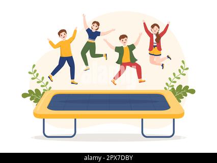 Trampoline Illustration with Youth Jumping On a Trampolines in Hand Drawn Flat Cartoon Summer Outdoor Activity Background Template Stock Photo