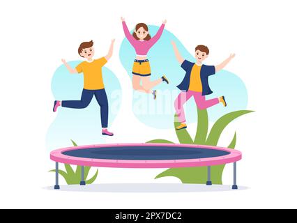 Trampoline Illustration with Youth Jumping On a Trampolines in Hand Drawn Flat Cartoon Summer Outdoor Activity Background Template Stock Photo