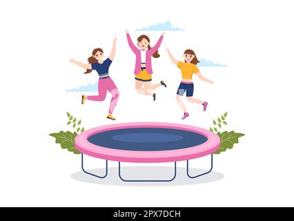 Trampoline Illustration with Youth Jumping On a Trampolines in Hand Drawn Flat Cartoon Summer Outdoor Activity Background Template Stock Photo