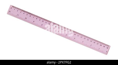 Plastic pink ruler isolated on white, top view Stock Photo