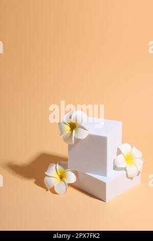 Scene with podium for product presentation. Figures of different geometric shapes and flowers on pale orange background Stock Photo