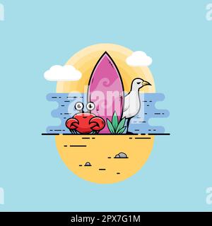 Surfboard and sea characters cartoon tropical illustration. Stock Vector