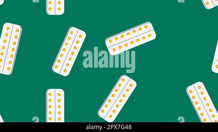 Seamless pattern texture of yellow round medical medicinal pharmaceutical pills tablets in plates packaging on green background. Vector illustration. Stock Vector