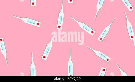 Seamless pattern texture of endless repetitive medical digital modern electronic thermometers for measuring body temperature on a pink background. Vec Stock Vector
