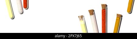 Sulfur Powder, Di-Ammonium Phosphate, Potassium Ferricyanide and Organic Curcuma Powder in test tube with cork cap. Cosmetic chemicals ingredient on l Stock Photo