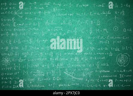 Many different physics formulas written on blackboard Stock Photo