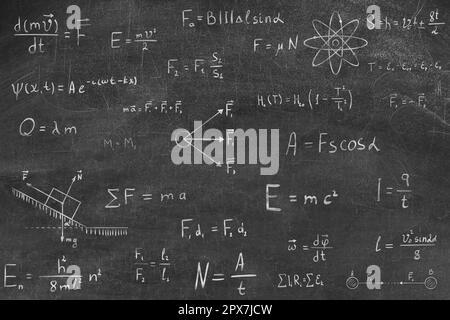 Many different physics formulas written on blackboard Stock Photo