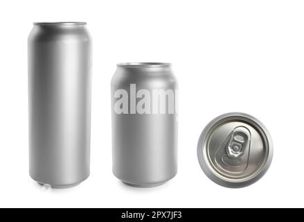 Set with aluminum beverage cans on white background Stock Photo