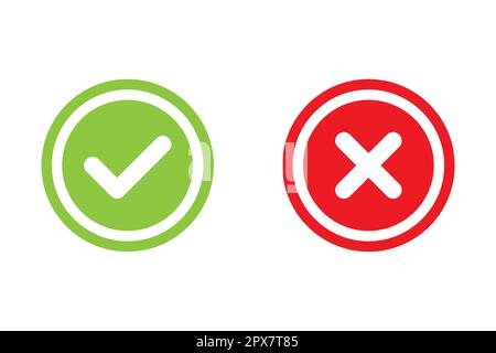 Tick and cross signs. Green checkmark OK and red X icons vector. Circle symbols YES and NO button for vote, decision, web, logo, app, UI. illustration Stock Vector