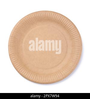 Empty brown disposable cardboard plate for food on a white isolated background, top view Stock Photo