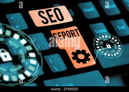 Conceptual caption Seo Report, Word Written on notifying on how website is performing in search engine results Stock Photo