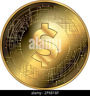 US Dollar cryptocurrency fantasy gold token, vector illustration, USA Stock Vector